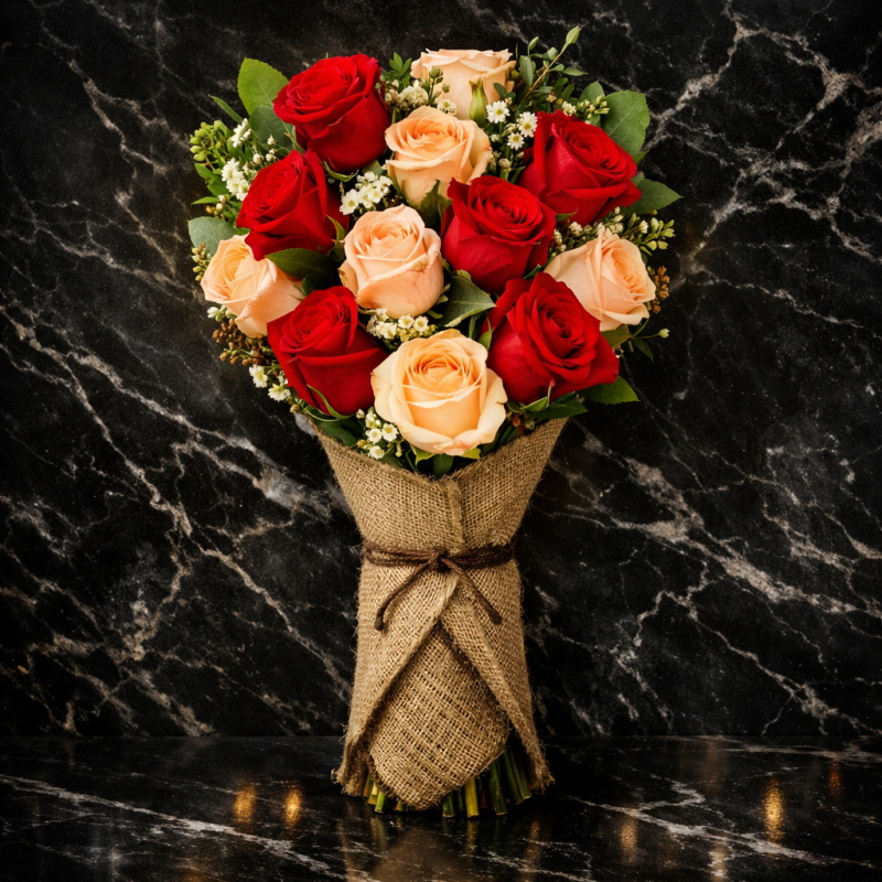 Red and peach roses burlap