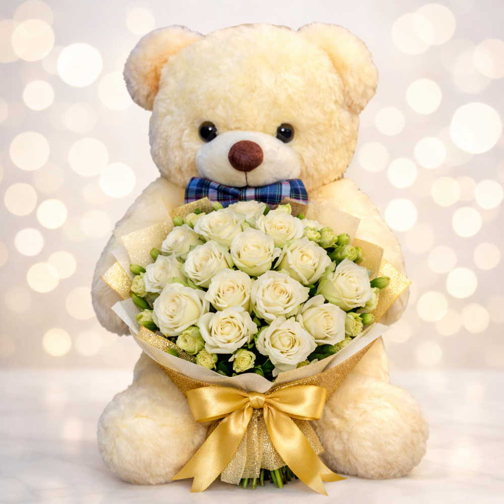 White teddy bear white roses