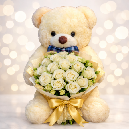 Ours en peluche crème roses blanches