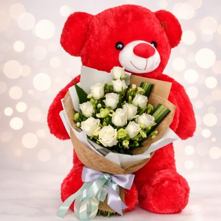 Ours en peluche rouge roses blanches