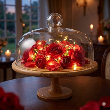 Pedestal de madera con cúpula de rosa roja