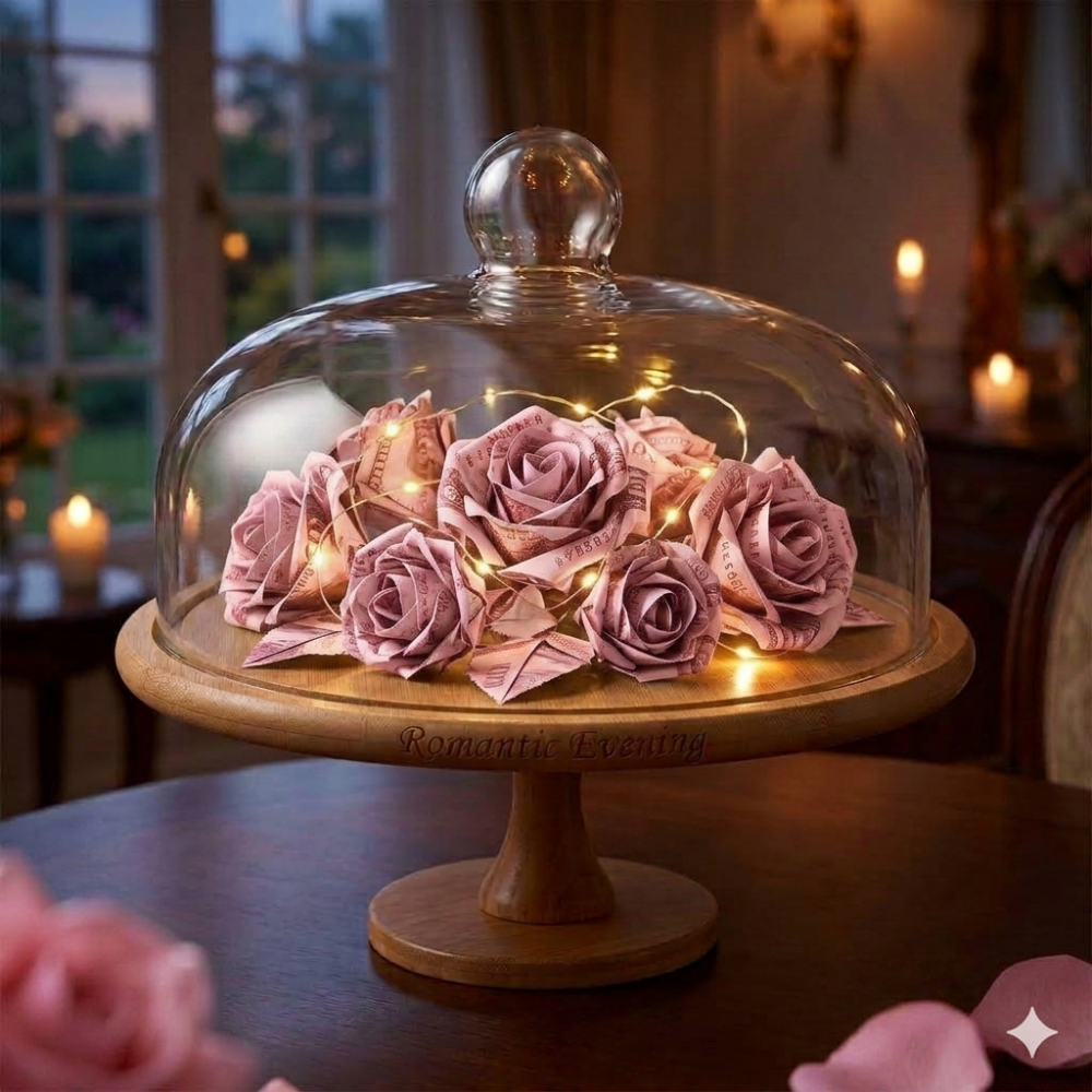 Money roses in glass cloche