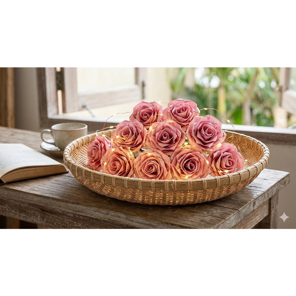 Pink LED roses woven basket
