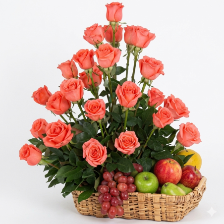 Roses corail et panier de fruits