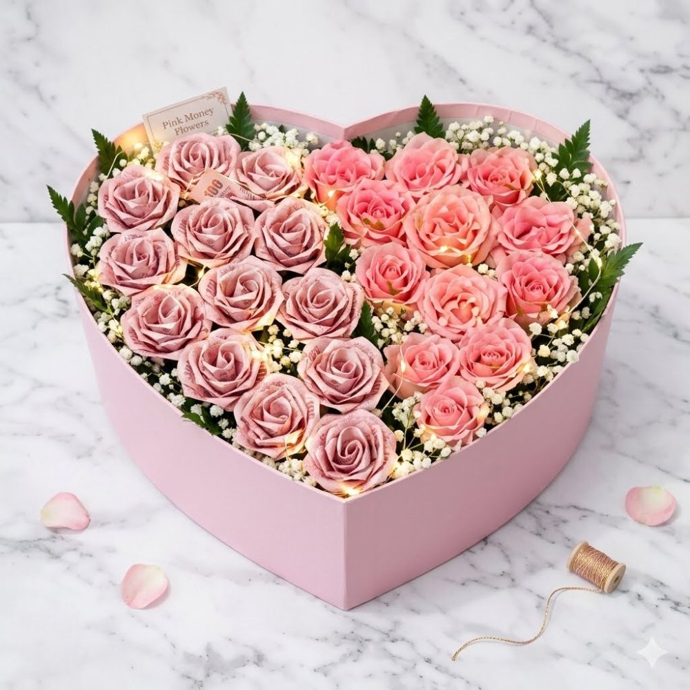 Heart-shaped pink money rose bouquet