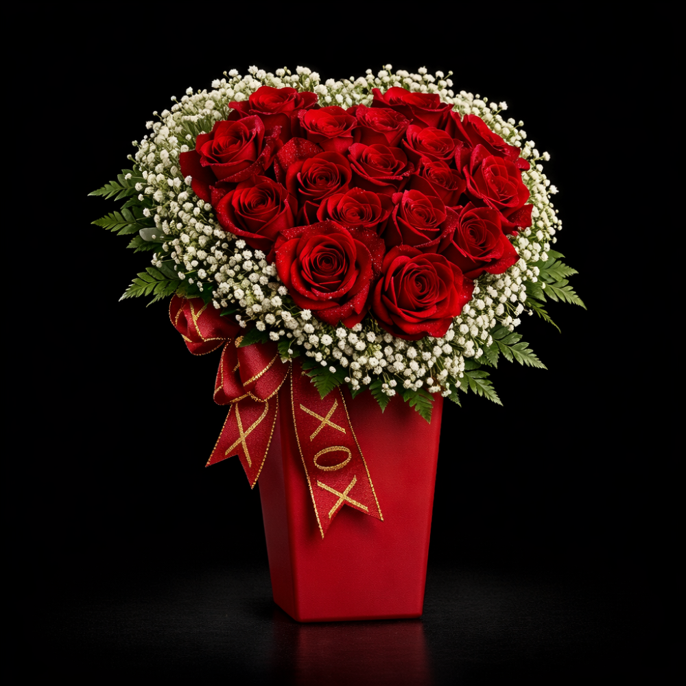 Hartvormig rood rozen bloemstuk