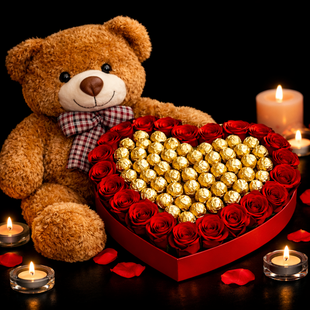 Schokoladenherz-Pralinen mit Teddybär und Rosen