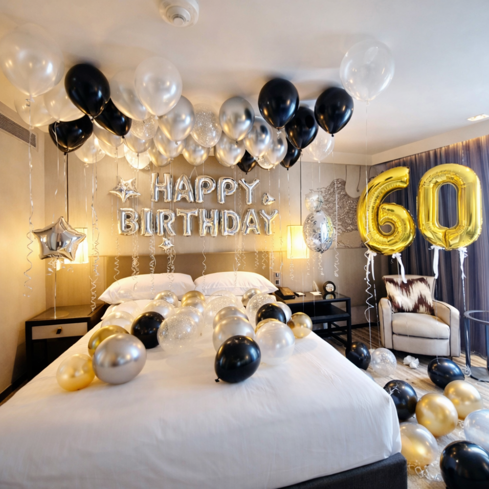 Luksusowe balony na 60. urodziny w sypialni