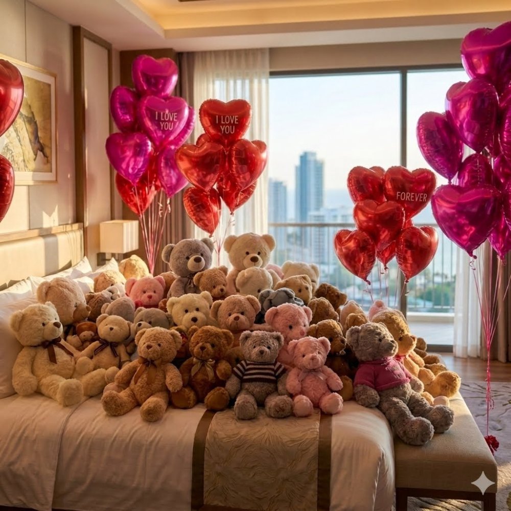 ชุดตกแต่งห้อง Teddy Bear Takeover: 30 Unique Plush & 20 Red/Pink Heart Balloon Grand Room Set