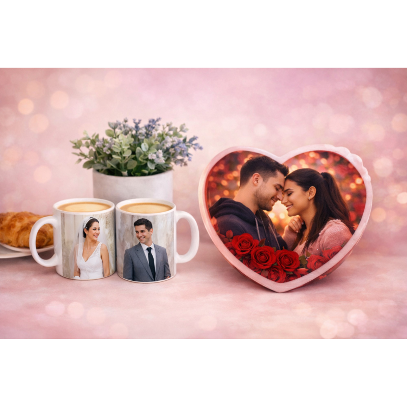 Personalized mugs and heart photo frame