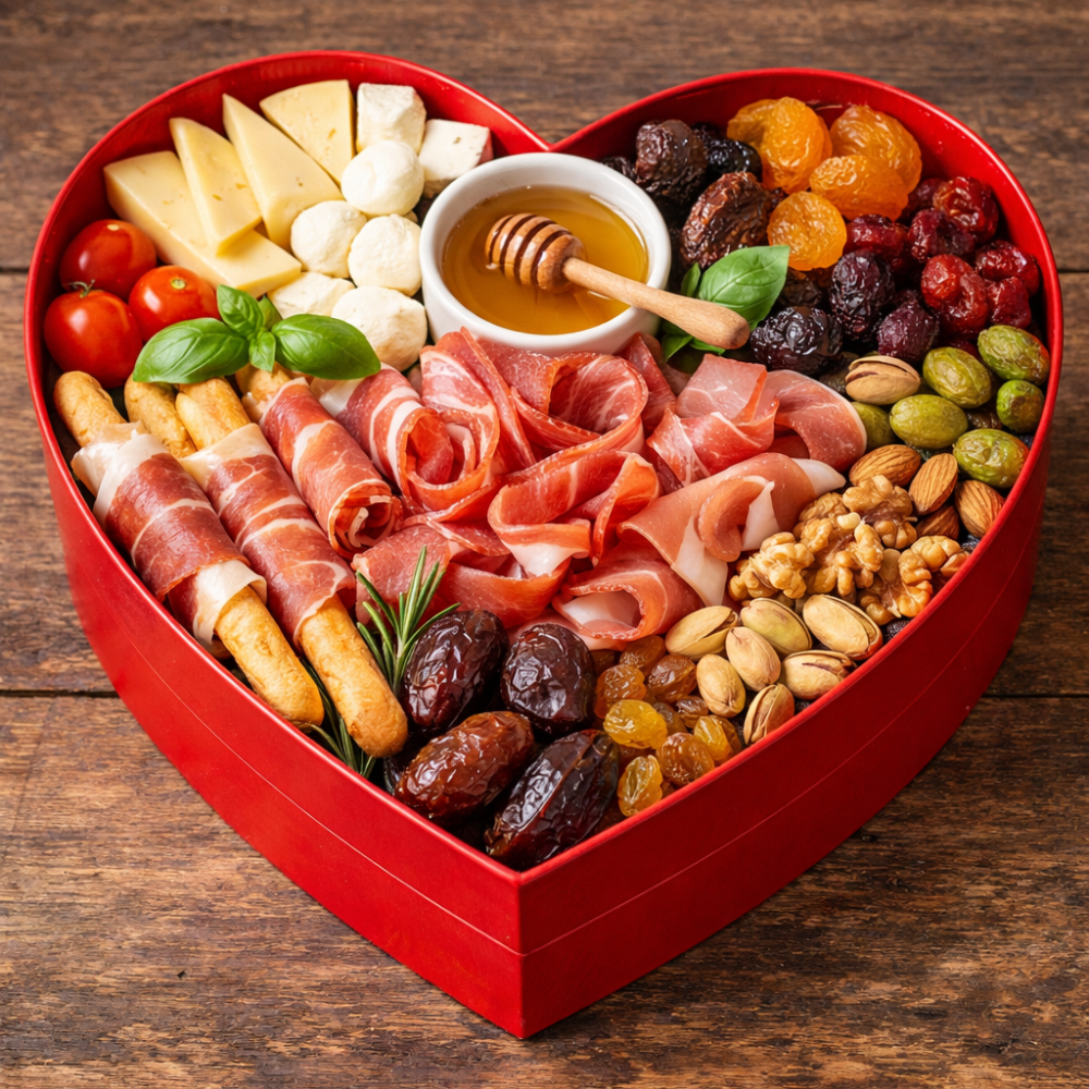 Heart-shaped gourmet charcuterie gift box