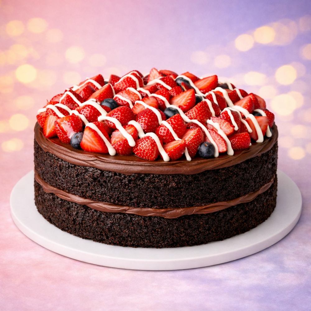 Pastel de chocolate y fresas en capas