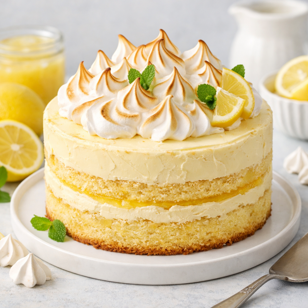 Layered lemon meringue cake dessert