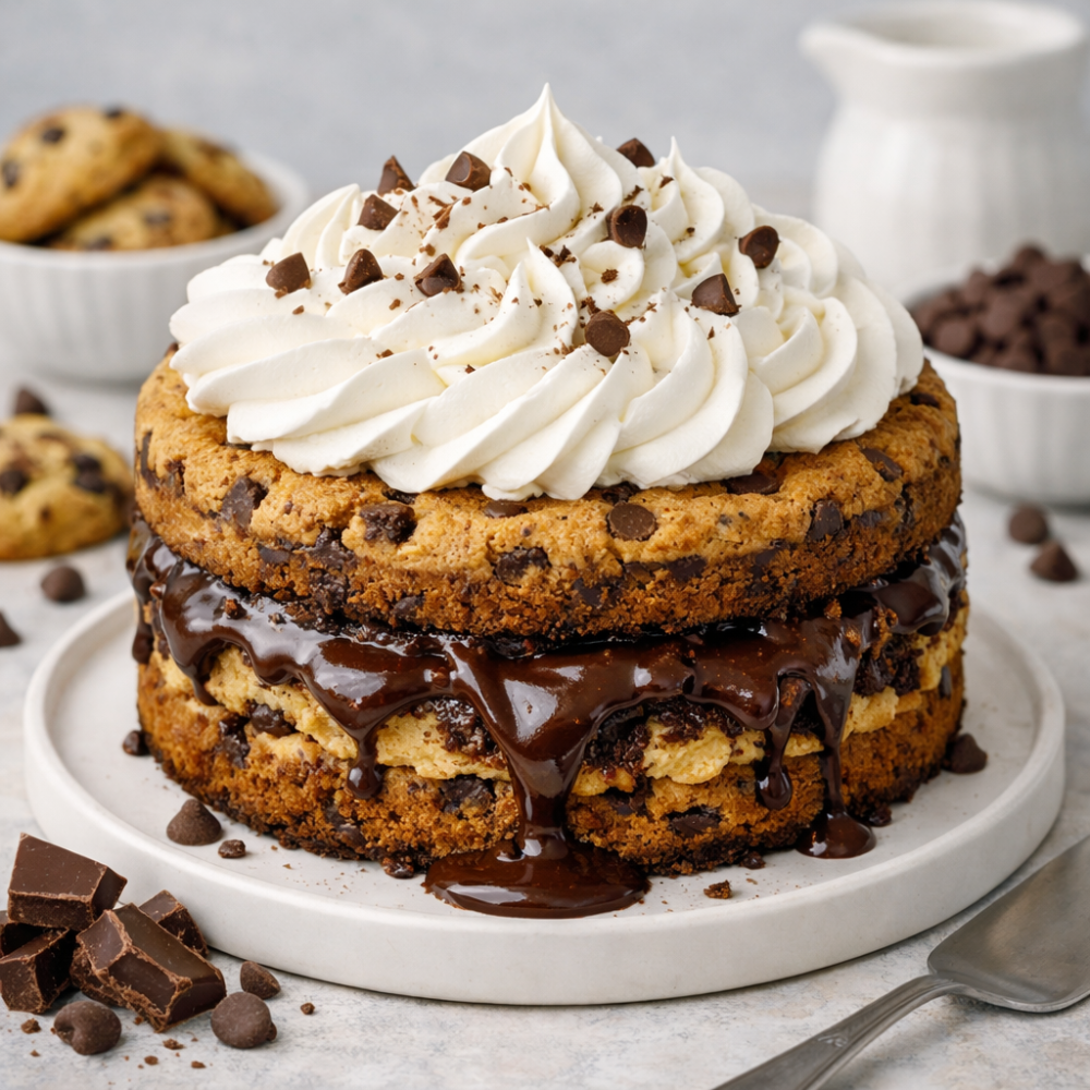 Stacked chocolate chip cookie cake