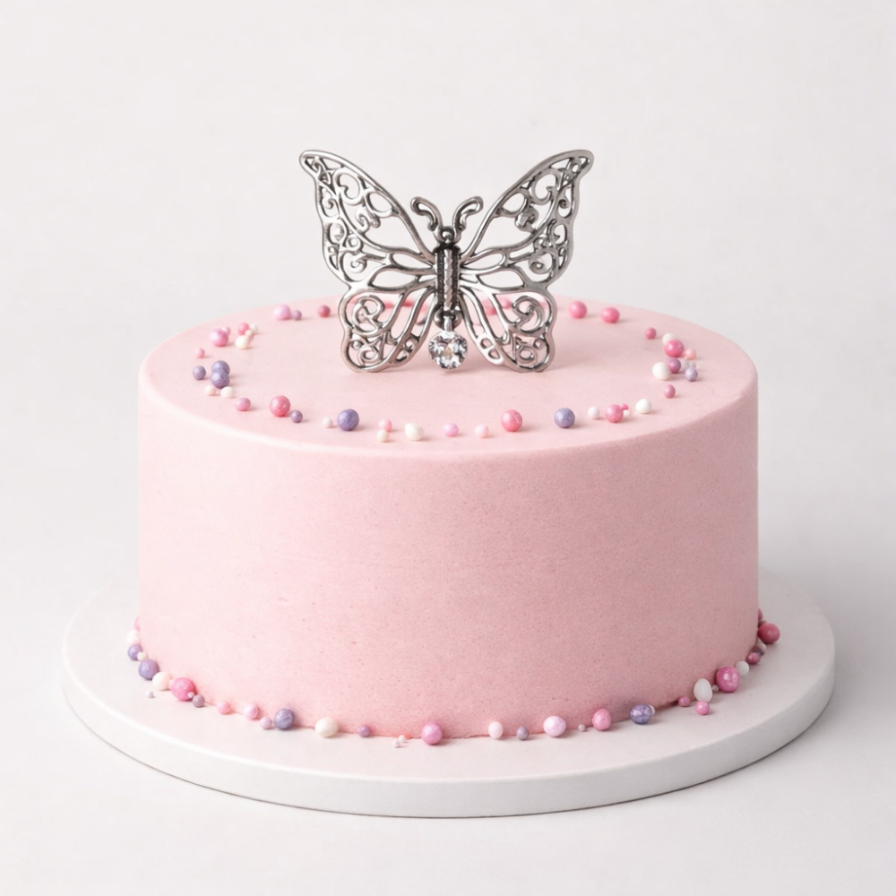 Pink cake with silver butterfly