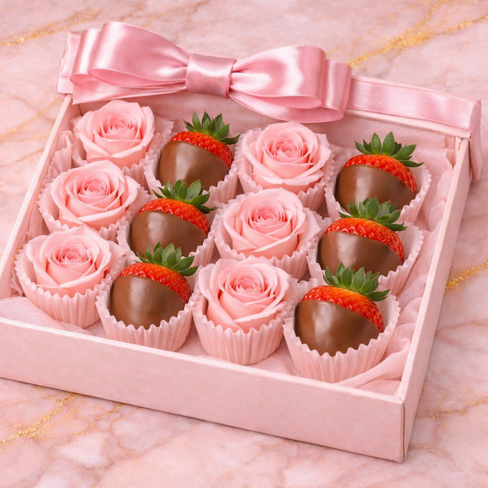 Caixa de maduixes amb xocolata i roses roses