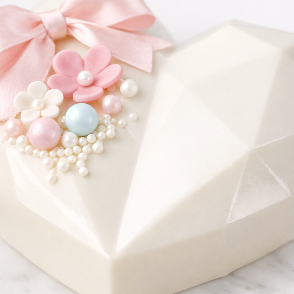 Faceted white heart smash cake