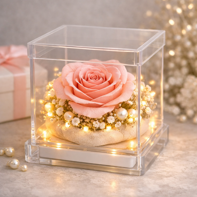 Preserved pink rose acrylic box