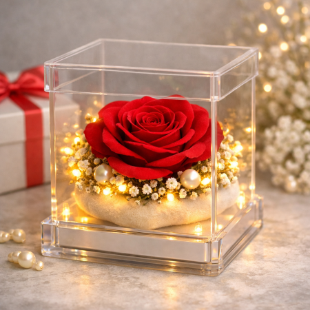 Rosa vermella conservada cubo LED