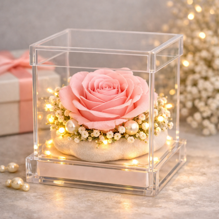Preserved pink rose acrylic cube