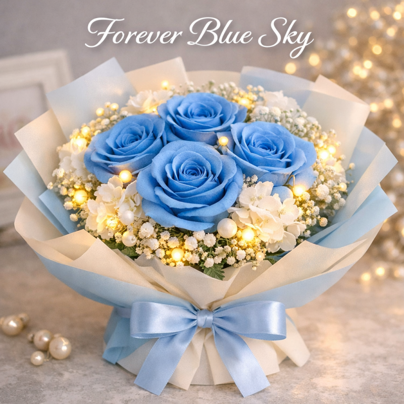 Blue roses bouquet with fairy lights