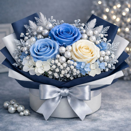 Blue and cream rose bouquet