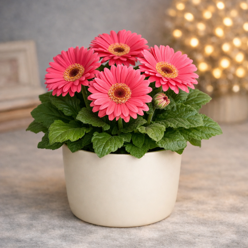 Rosa Gerbera prästkragar gräddfärgad kruka