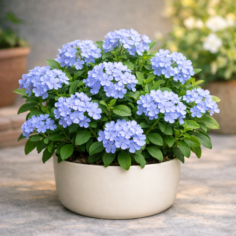 Blue Plumbago plant cream pot