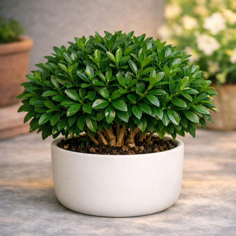 Bonsai Belgian Evergreen white pot
