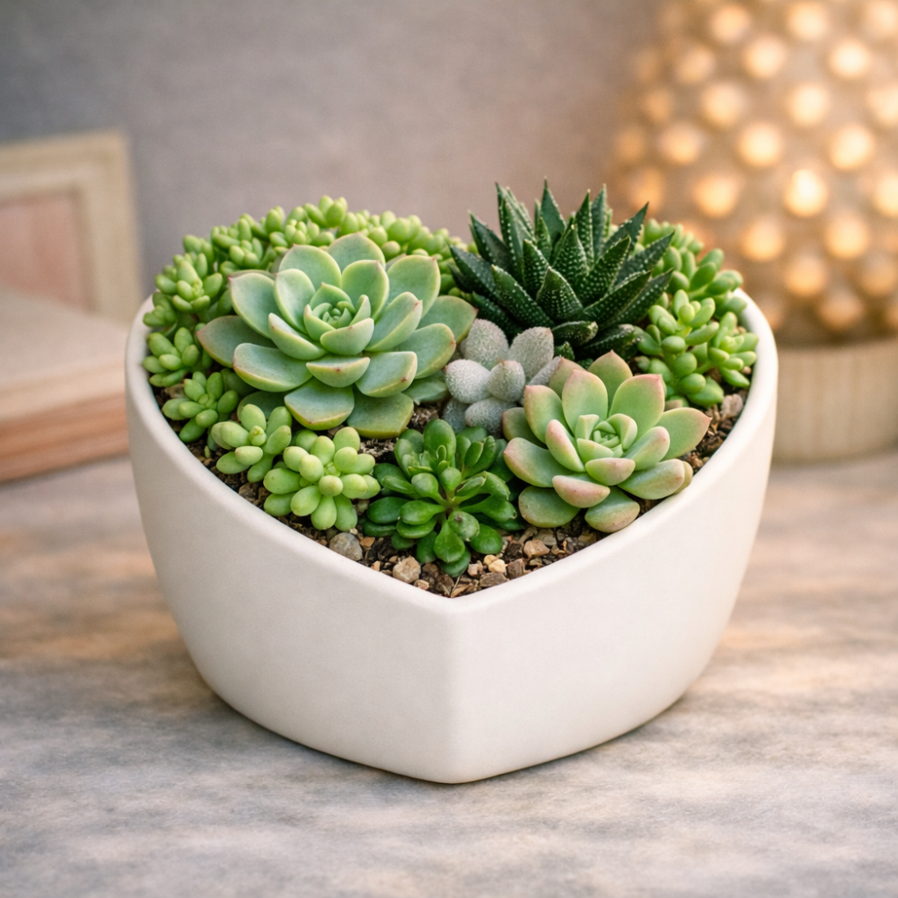 Heart-shaped white ceramic succulent planter