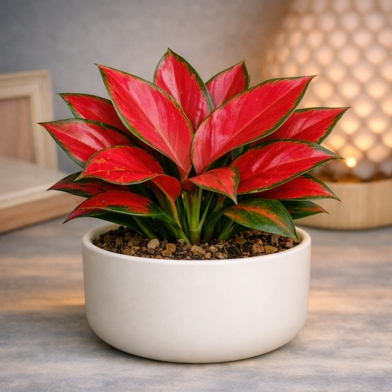 Red Aglaonema σε λευκή γλάστρα