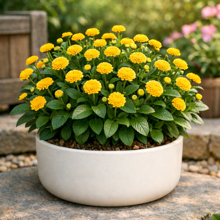 Yellow marigolds in cream pot