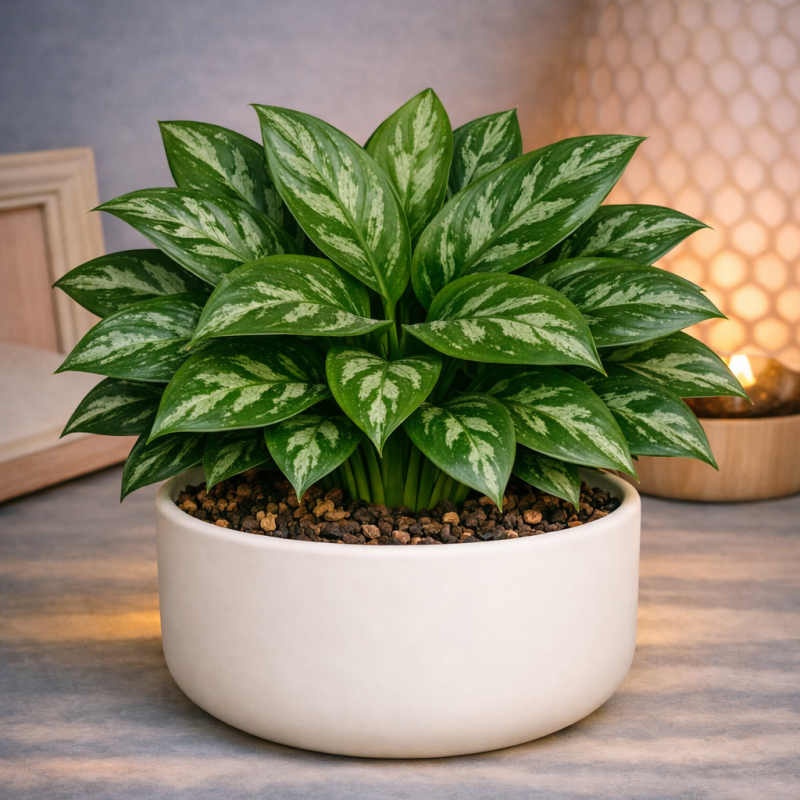 Aglaonema ποικιλόμορφη σε λευκή γλάστρα