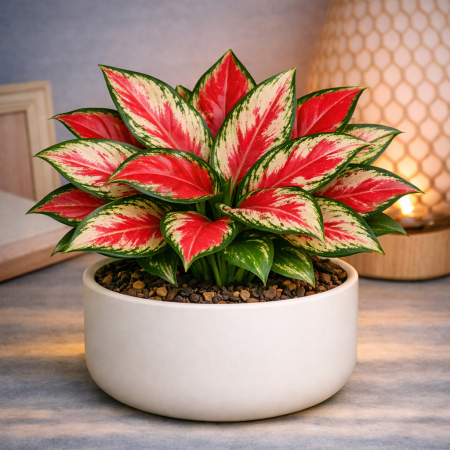 Red white variegated artificial Aglaonema