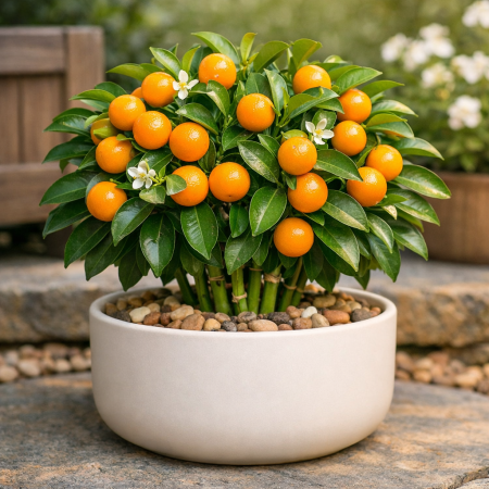 Potted dwarf orange tree plant