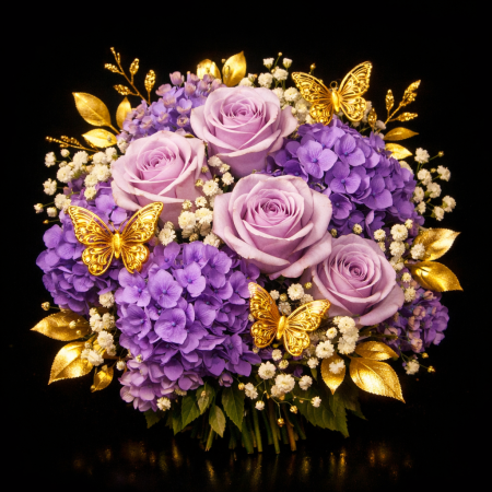 Purple roses bouquet gold butterflies