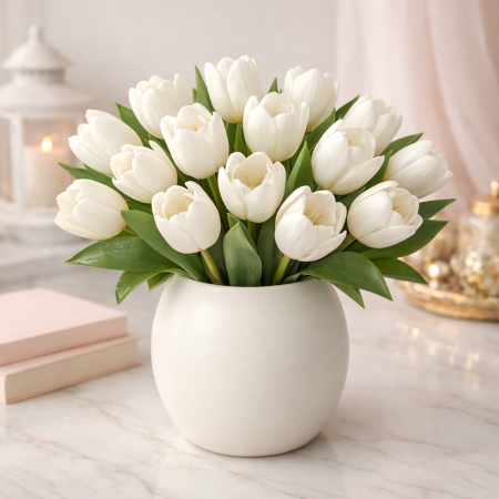 White tulips in ceramic vase