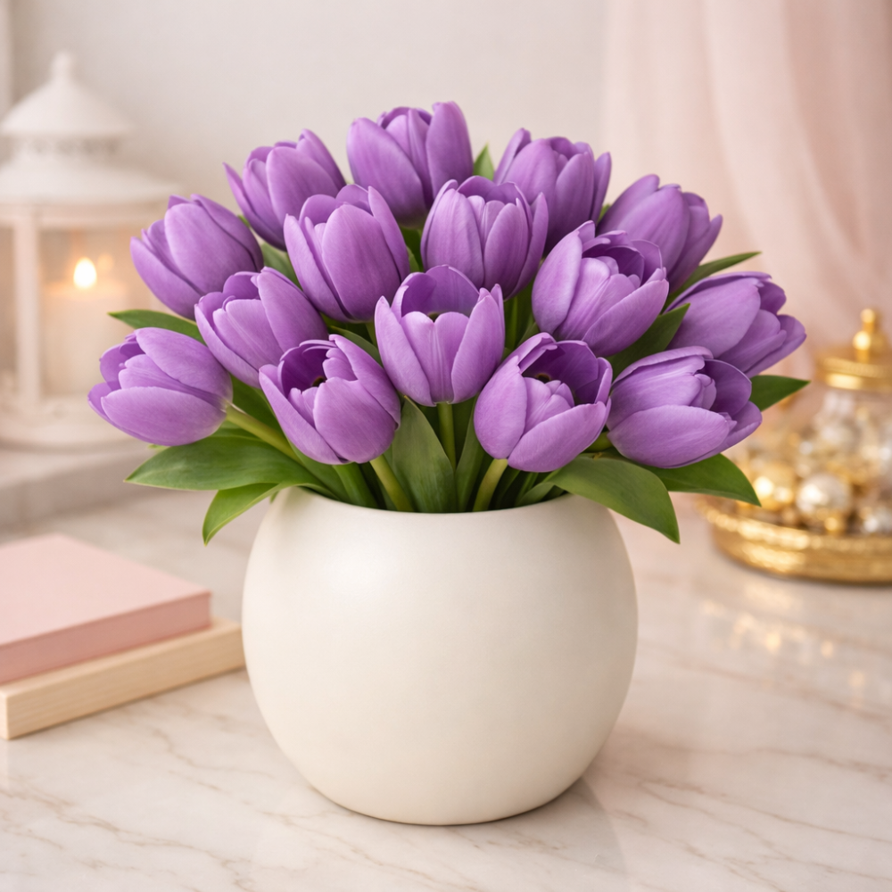 Tulipani viola in vaso di ceramica