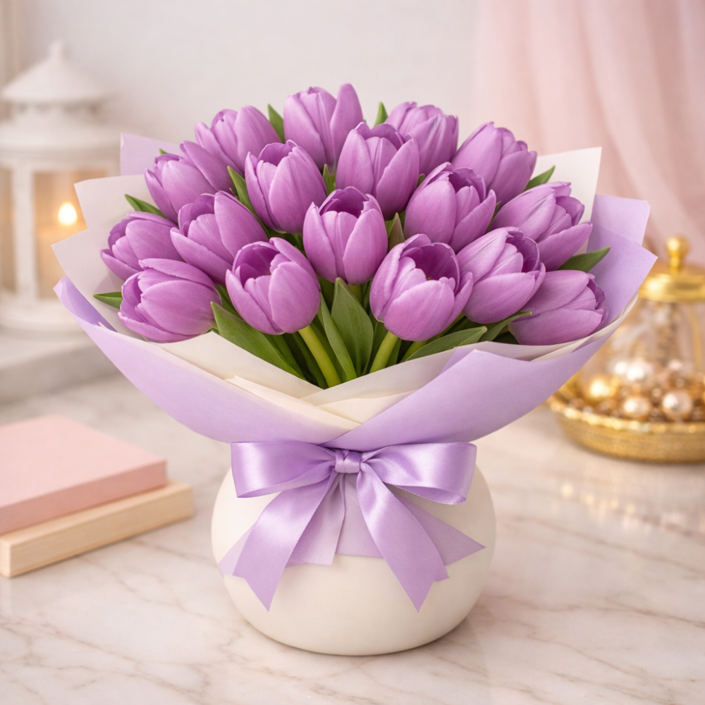 Feixe de tulipas púrpuras envolto en lilás