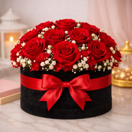Red roses in black velvet box