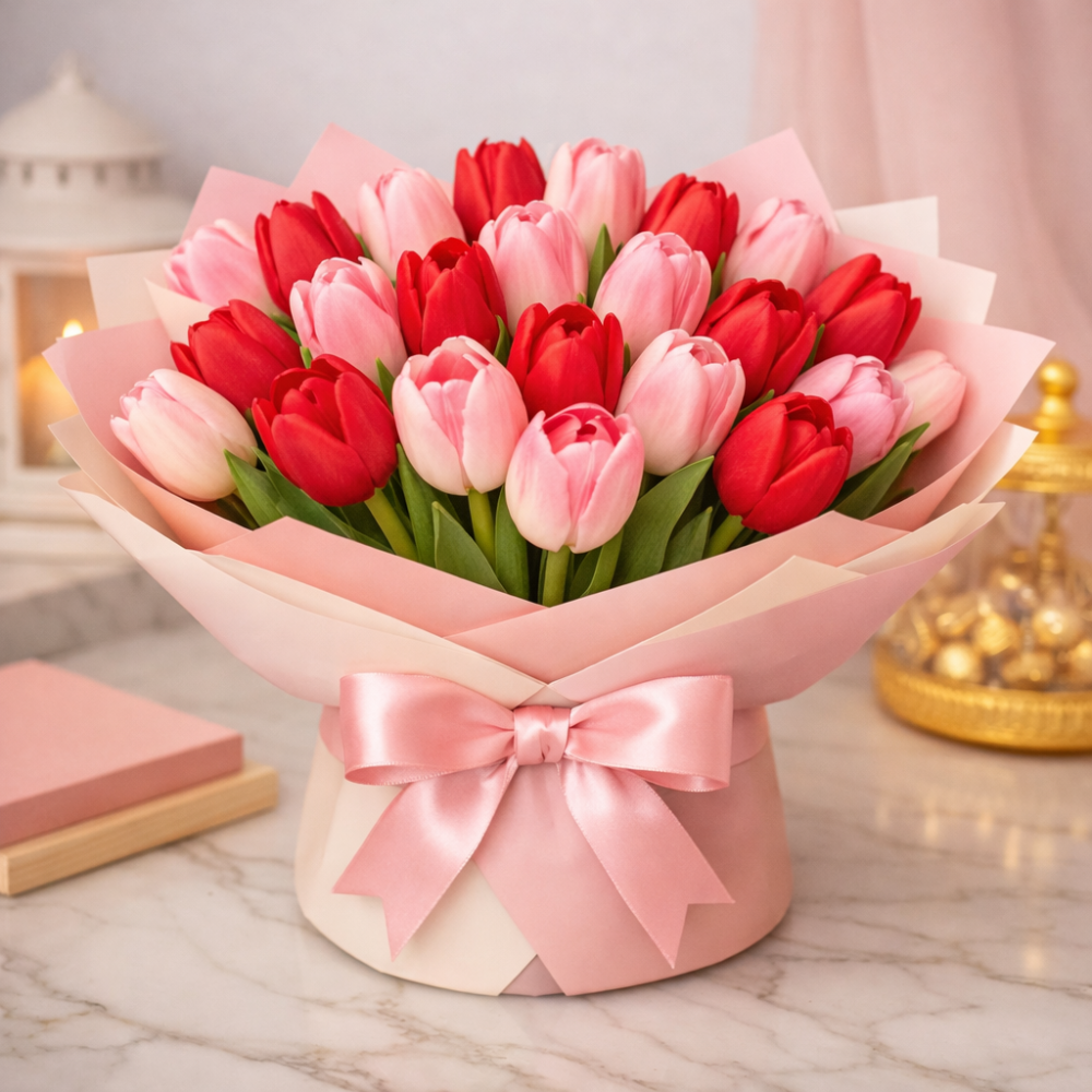 Tri-farget tulipanbukett rosa innpakning