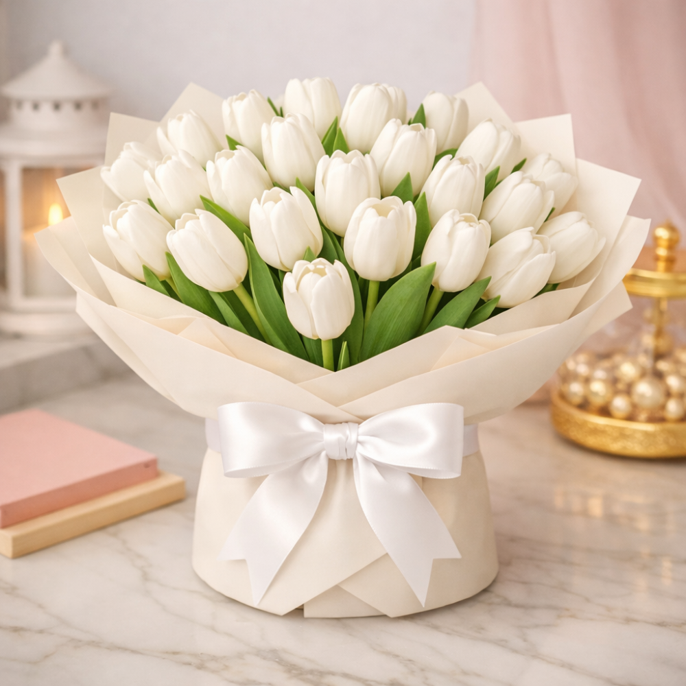Selena White Tulips Bouquet | Färsk blomsterarrangemang vit tulpanbukett elfenbensvit inslagning