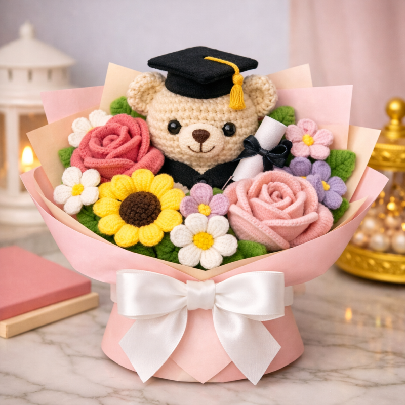 Crochet Teddy Graduation Bouquet - Handmade Flower Gift