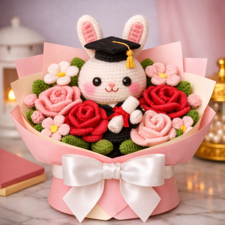 Crochet Bunny Graduation Floral Bouquet