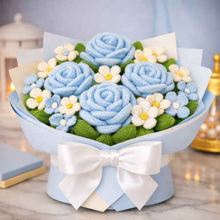 Handmade blue crochet flower bouquet