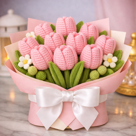 Handmade pink crochet tulip bouquet