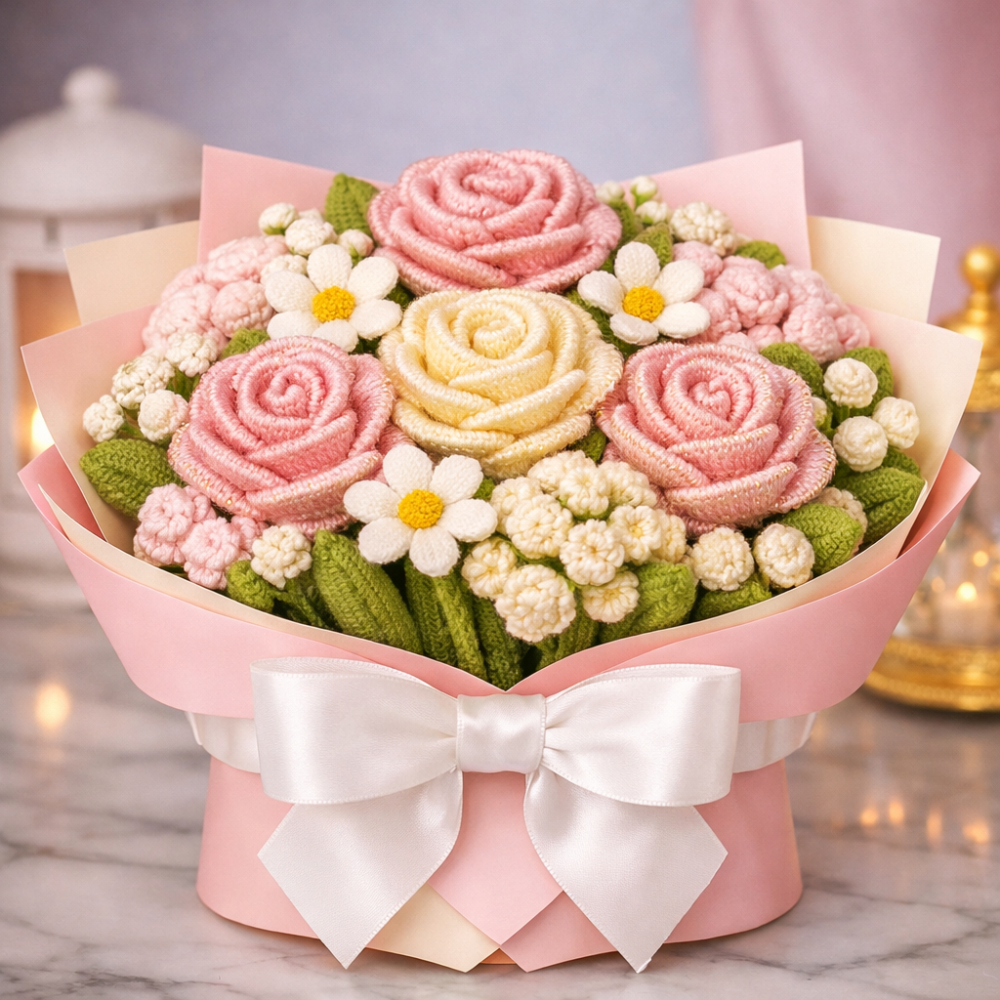 Handmade crochet pastel flower bouquet
