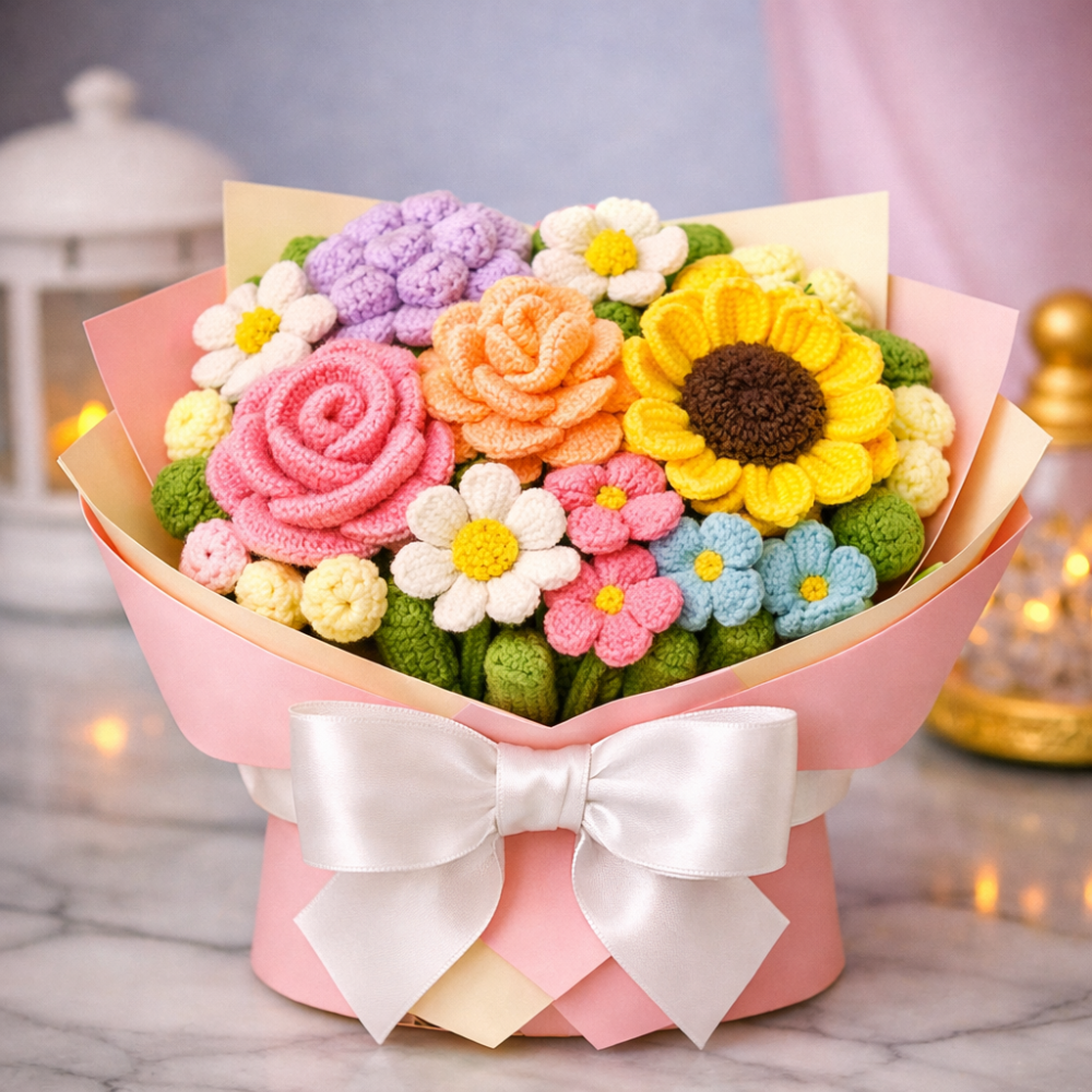 Handgjord virkade blomsterbukett - Bright Sensation Crochet Bouquet