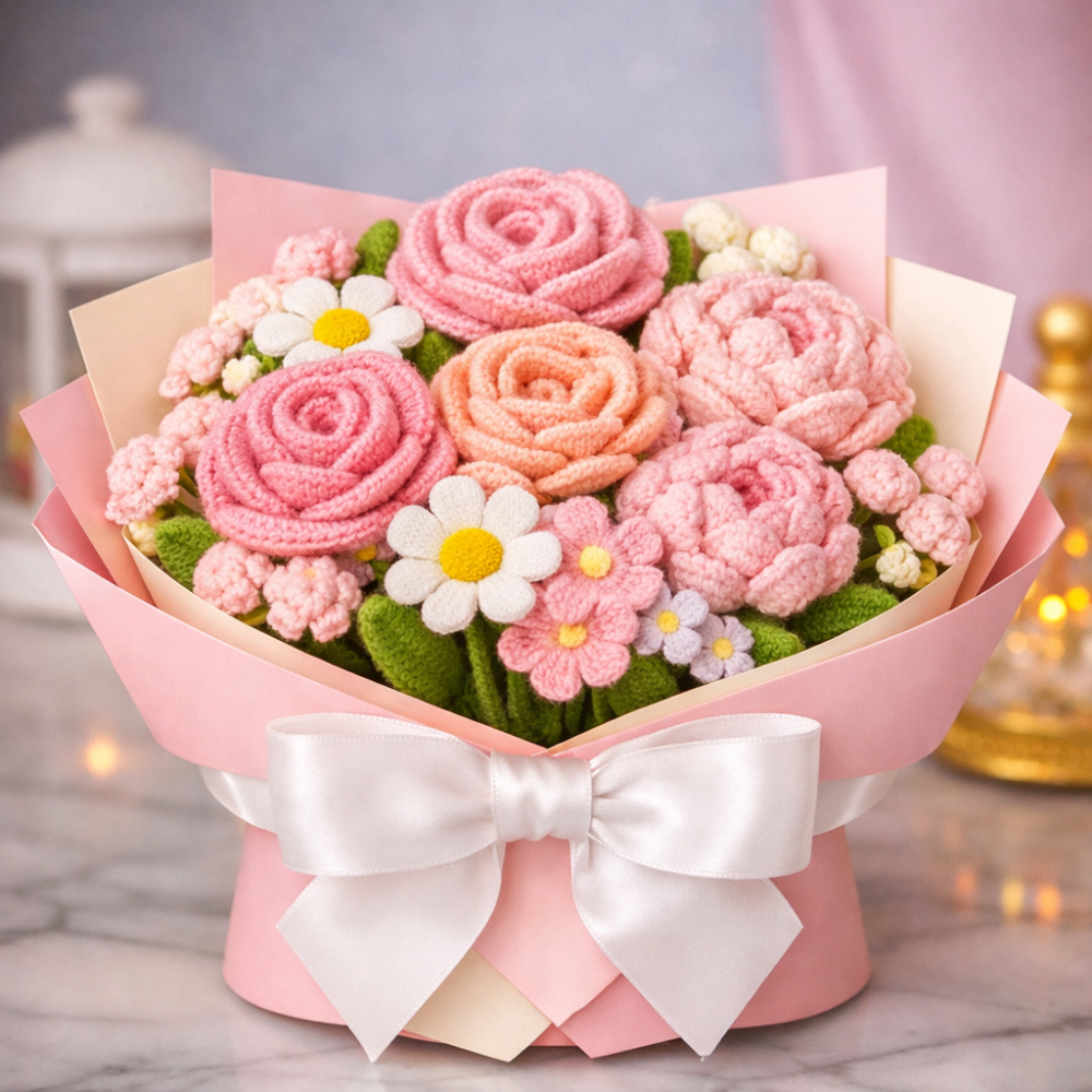 Handgjord Pink Crochet Flower Bouquet
