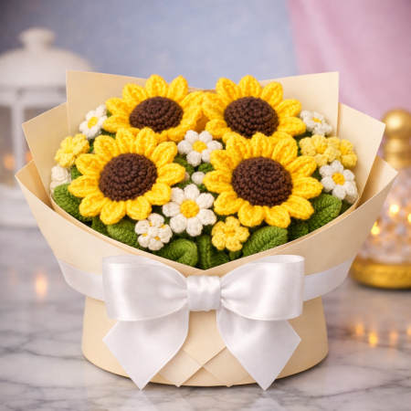 Handmade sunflower crochet bouquet cream wrap
